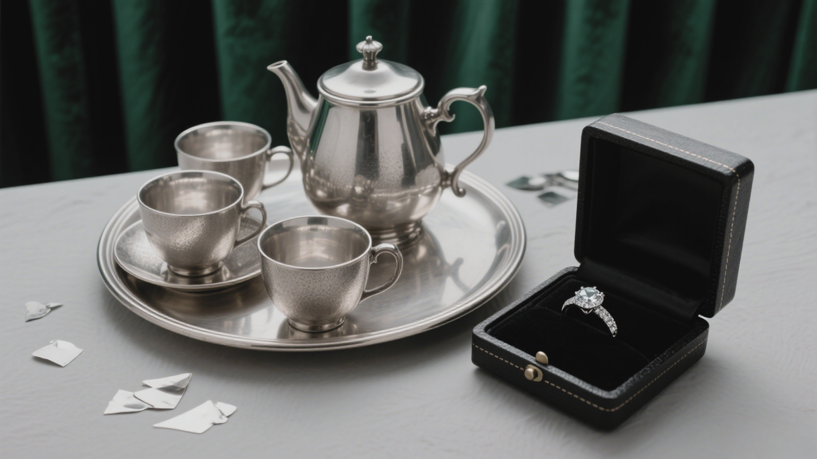A silver tea set and a black jewelry box with a diamond ring, surrounded by delicate silver accents. An elegant, luxurious gift to honor wedding anniversaries with grace. 