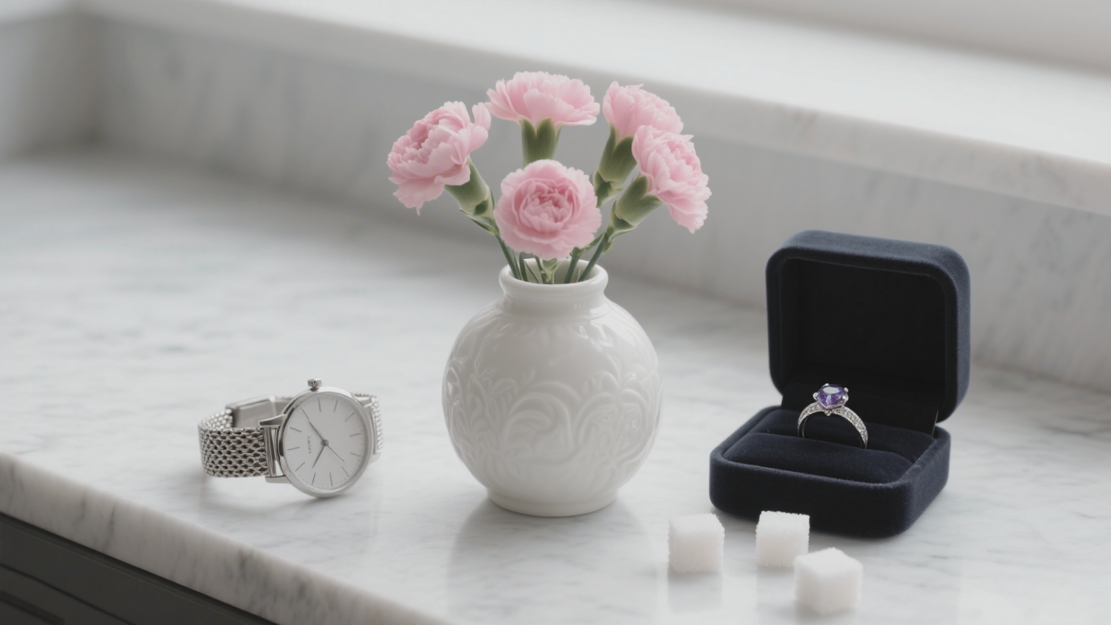 A silver watch, an amethyst - set ring, pink carnations, and sugar cubes on a marble surface. A sweet and refined gift to celebrate wedding milestones with grace. 