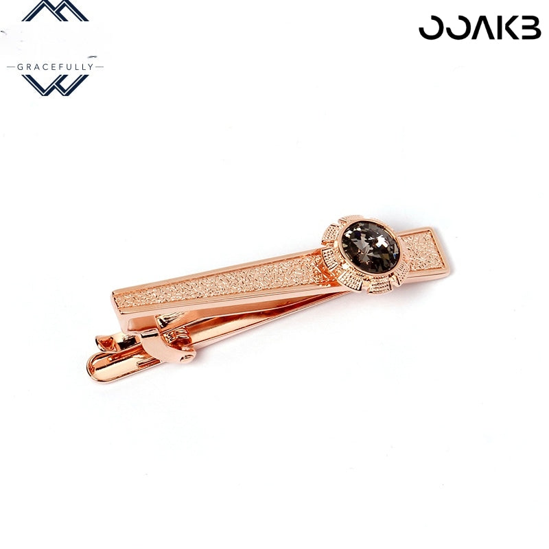 Rose gold plated crystal tie clip shown from the front, highlighting sparkle.