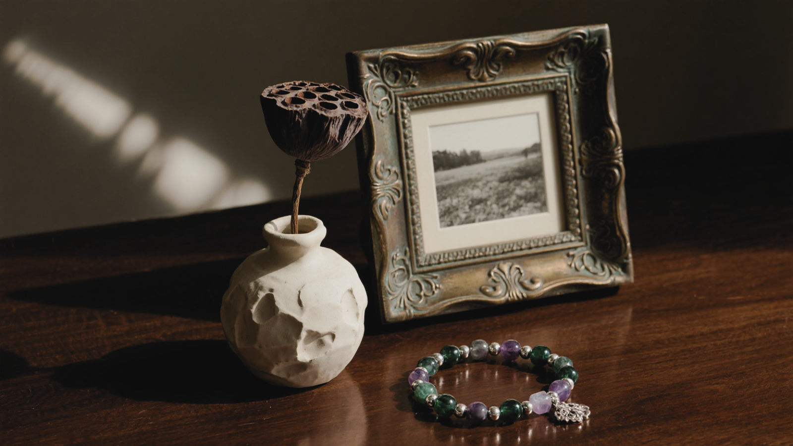 A vintage frame with a landscape photo, a dried lotus pod in a textured clay pot, and a gemstone bracelet. Blends nature and nostalgia for a unique, sentimental anniversary gift. 