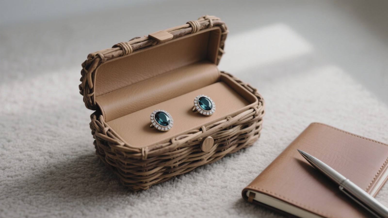 A wicker box with blue - stone earrings, a leather notebook, and a sleek pen. Combines rustic charm and practicality, a lovely anniversary gift for writing love notes. 