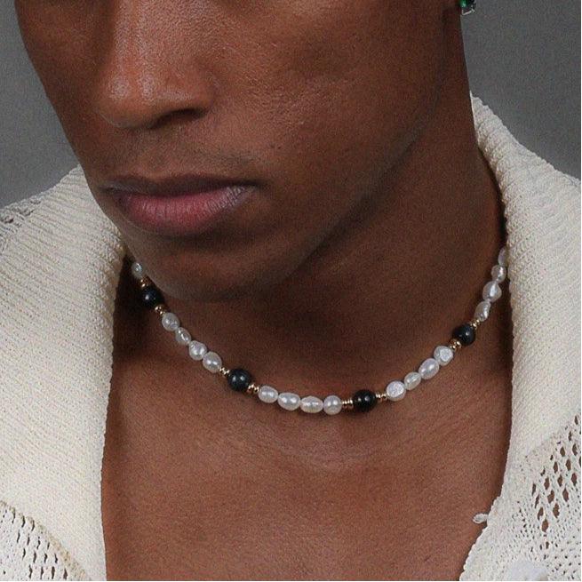 Baroque Pearl and Tiger Eye Beaded Necklace — neckline-worn view with a light open-knit shirt