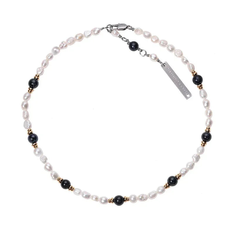 Baroque Pearl and Tiger Eye Beaded Necklace — alternate isolated full necklace view