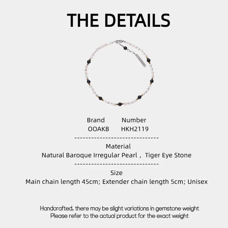 Baroque Pearl and Tiger Eye Beaded Necklace — specification card with material and size details