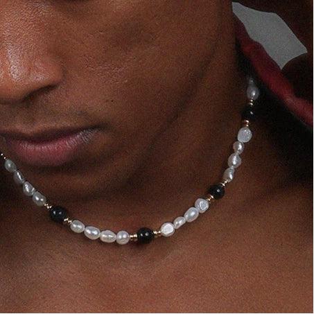 Baroque Pearl and Tiger Eye Beaded Necklace — front chest-worn close-up over bare skin