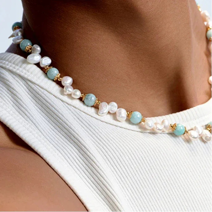 Amazonite and Baroque Pearl Beaded Necklace — close neckline-worn view showing the alternating beads