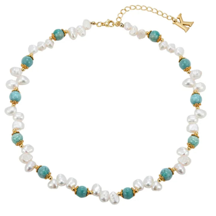Amazonite and Baroque Pearl Beaded Necklace — alternate isolated full necklace view