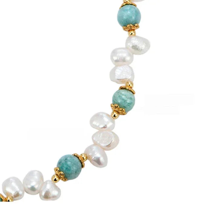 Amazonite and Baroque Pearl Beaded Necklace — macro detail of amazonite beads and baroque pearls