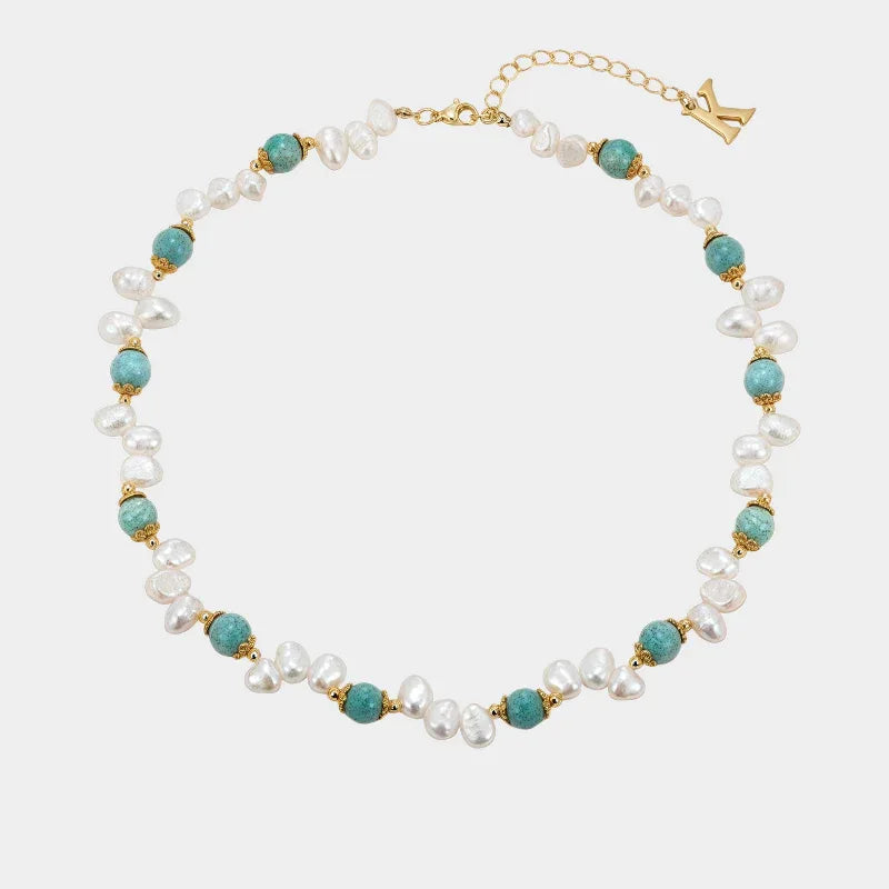 Amazonite and Baroque Pearl Beaded Necklace — front view of amazonite and baroque pearl necklace