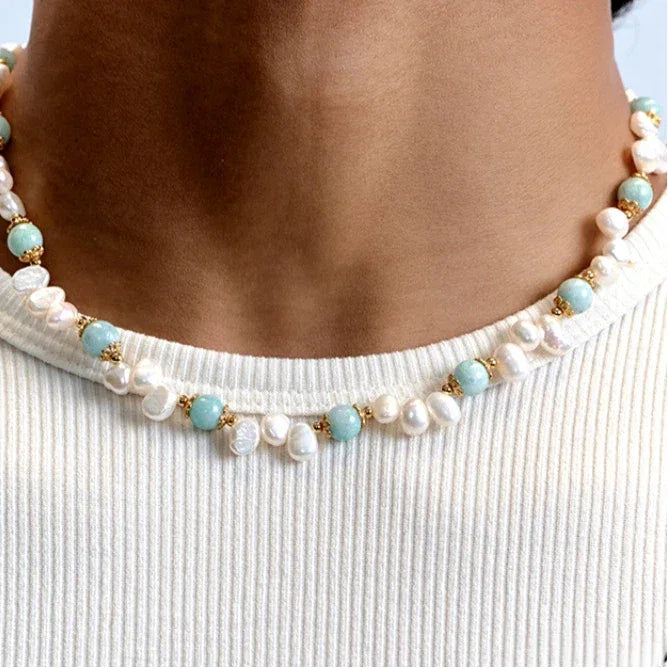 Amazonite and Baroque Pearl Beaded Necklace — alternate neckline-worn close-up