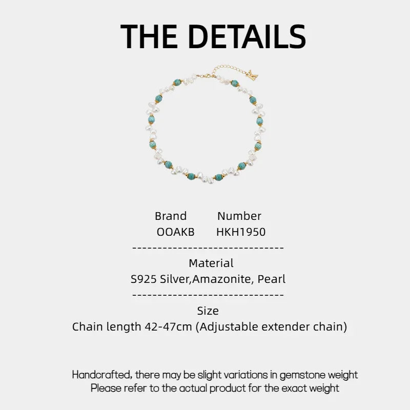 Amazonite and Baroque Pearl Beaded Necklace — specification card with material and size details