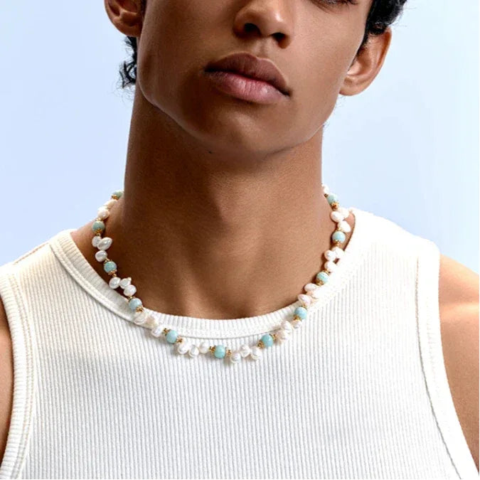 Amazonite and Baroque Pearl Beaded Necklace — front neckline-worn view over a white sleeveless top