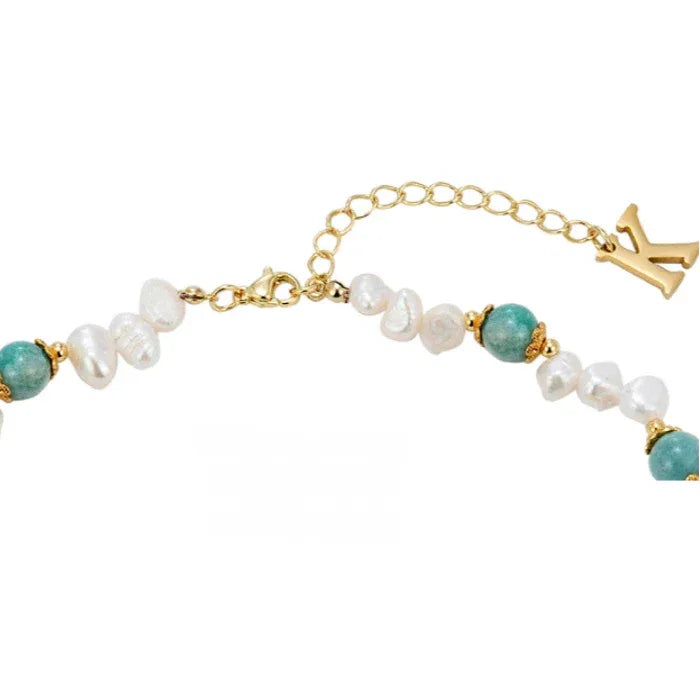 Amazonite and Baroque Pearl Beaded Necklace — clasp and extension-chain close-up