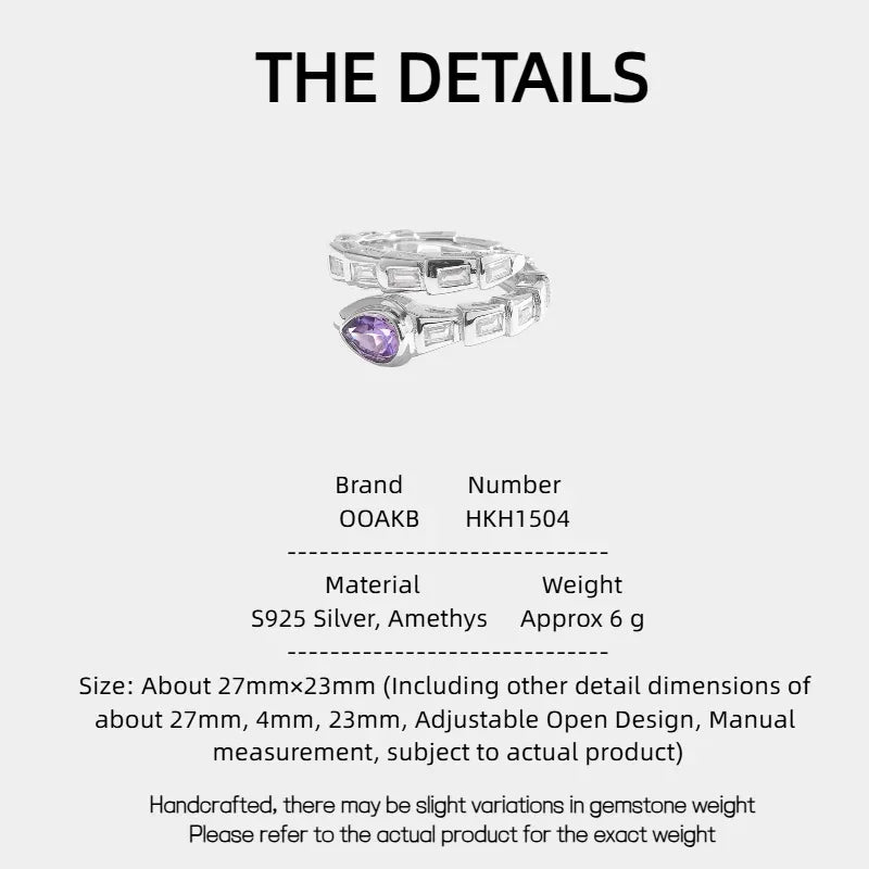 amethyst snake wrap ring specification card with product measurements
