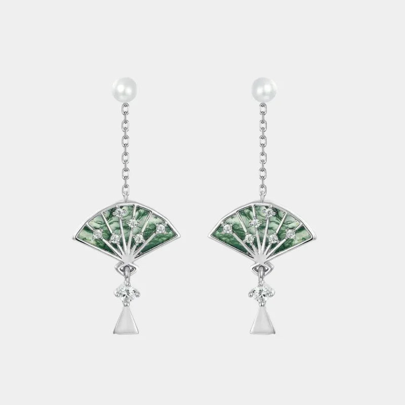 Ancient Style Small Fan Moss Agate Earrings — front product view on a light background