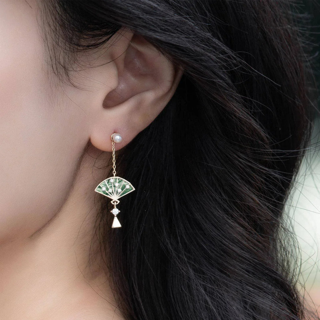 Ancient Style Small Fan Moss Agate Earrings — hand-worn scale view 2
