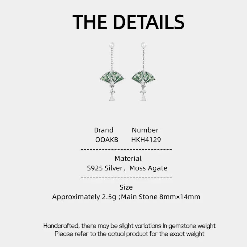 Ancient Style Small Fan Moss Agate Earrings — Moss Agate specification card with material and measurements