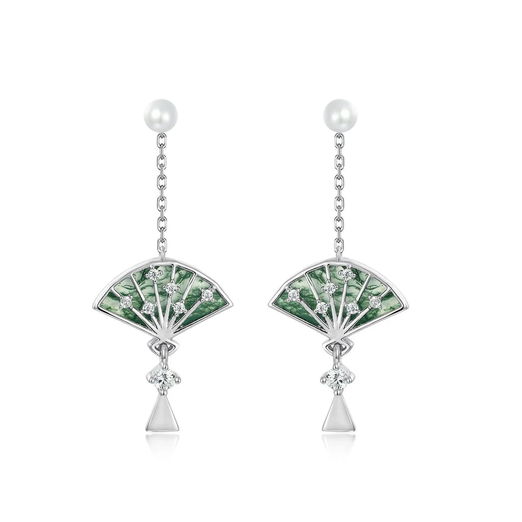 Ancient Style Small Fan Moss Agate Earrings — side profile and band detail 4