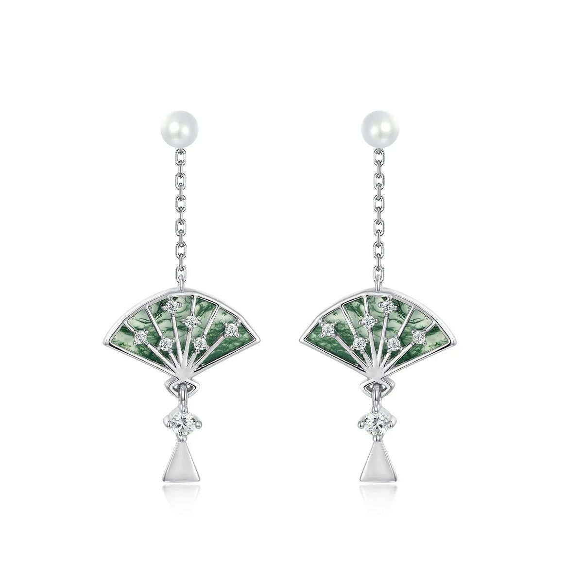 Ancient Style Small Fan Moss Agate Earrings — side profile and band detail 4