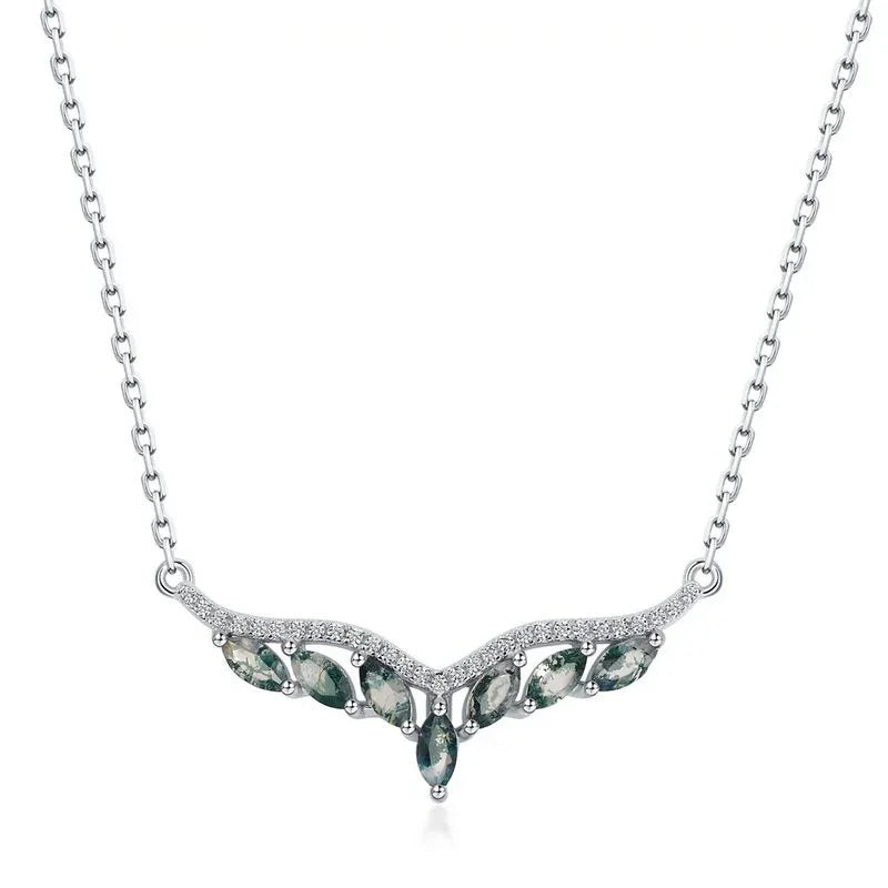 Angel Wings Moss Agate Pendant Necklace — angled pendant and chain detail 4