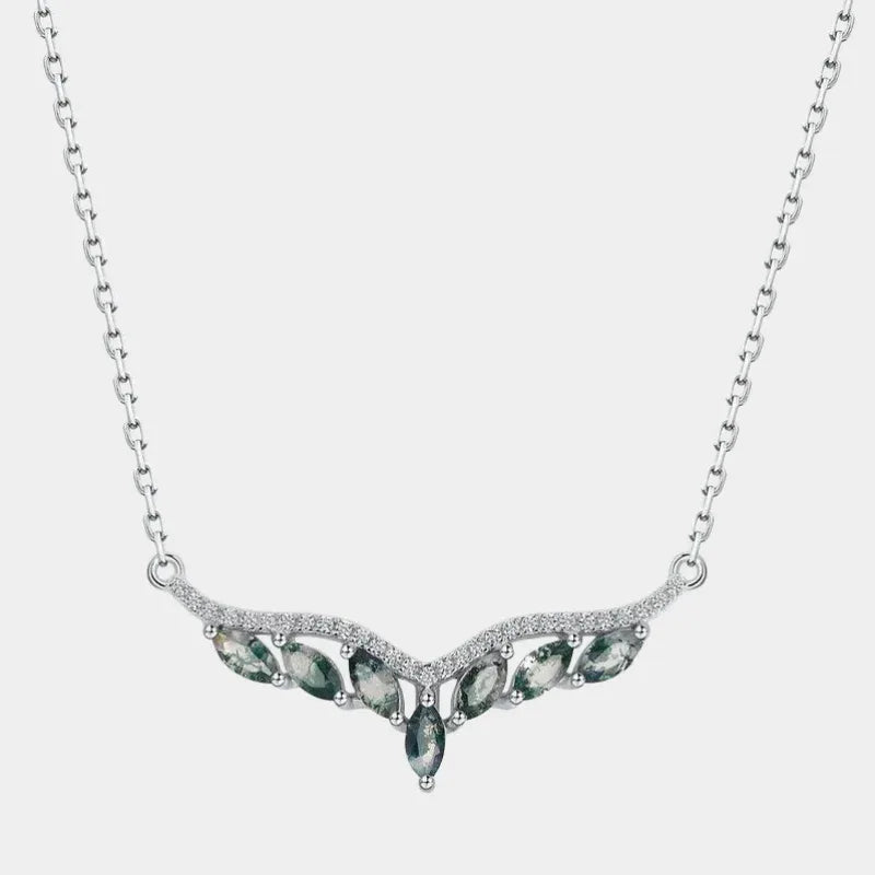 Angel Wings Moss Agate Pendant Necklace — full necklace view on a light background