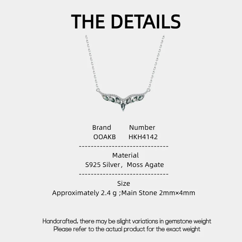 Angel Wings Moss Agate Pendant Necklace — Moss Agate specification card with material and measurements