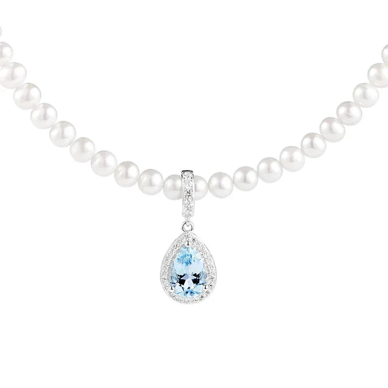 Aquamarine Teardrop Pendant Pearl Necklace — alternate isolated front view showing the pendant and strand