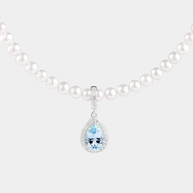 Aquamarine Teardrop Pendant Pearl Necklace — front necklace view with aquamarine teardrop pendant