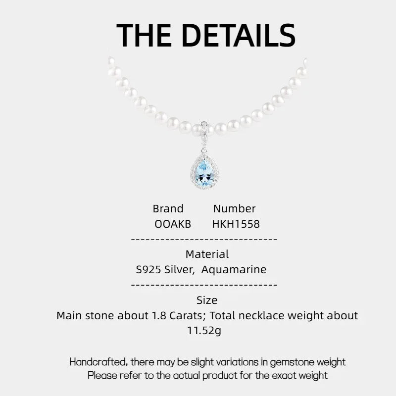Aquamarine Teardrop Pendant Pearl Necklace — specification card with material and size details