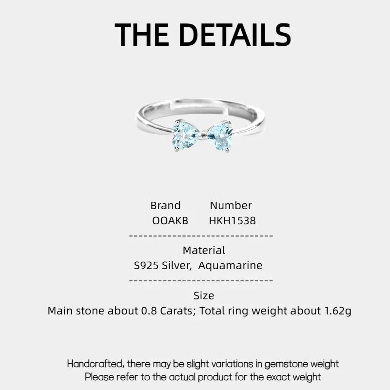 Aquamarine Bow Open Ring specification card with product measurements