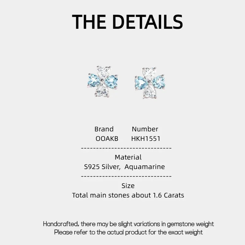 Aquamarine Bow Stud Earrings specification card with product measurements