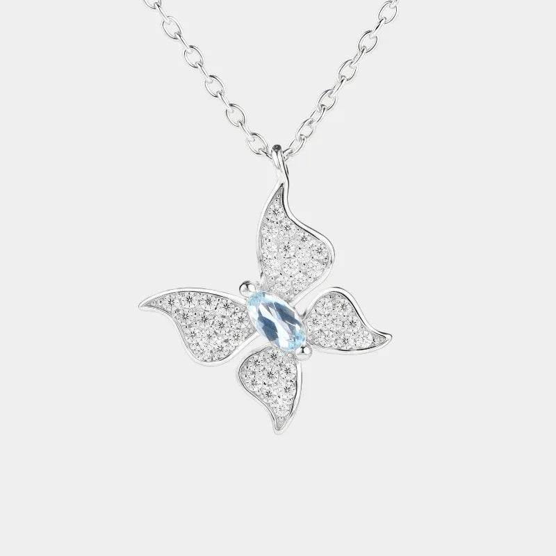 Aquamarine Butterfly Pendant Necklace full necklace view on a white background