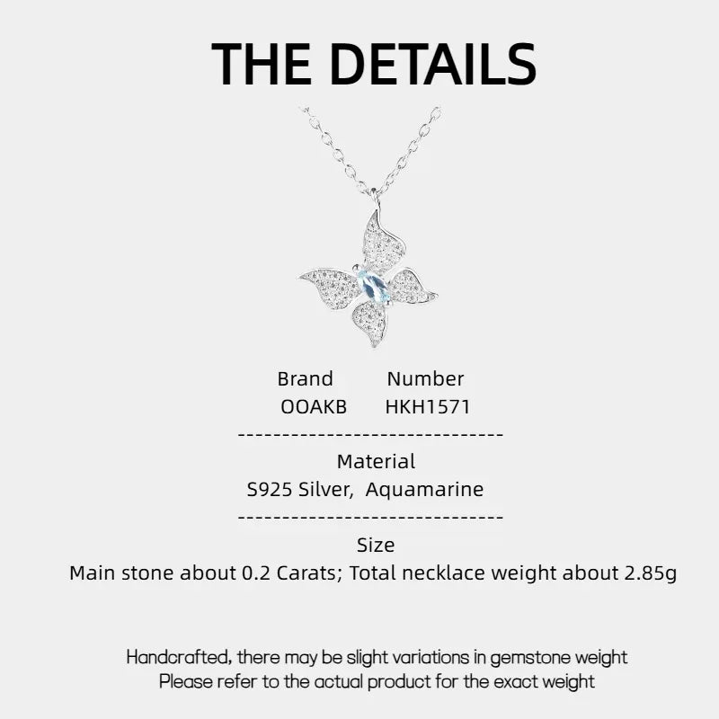 Aquamarine Butterfly Pendant Necklace specification card with product measurements
