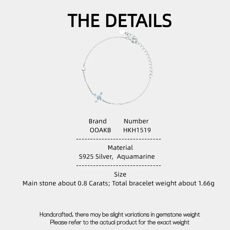 Aquamarine Cross Station Bracelet specification card with product measurements