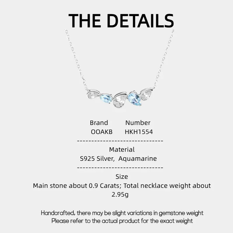 Aquamarine Five-Stone Curved Necklace specification card with product measurements