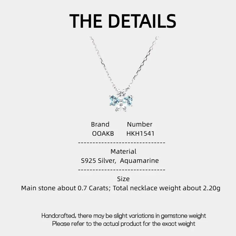 Aquamarine Four-Stone Cluster Pendant Necklace specification card with product measurements