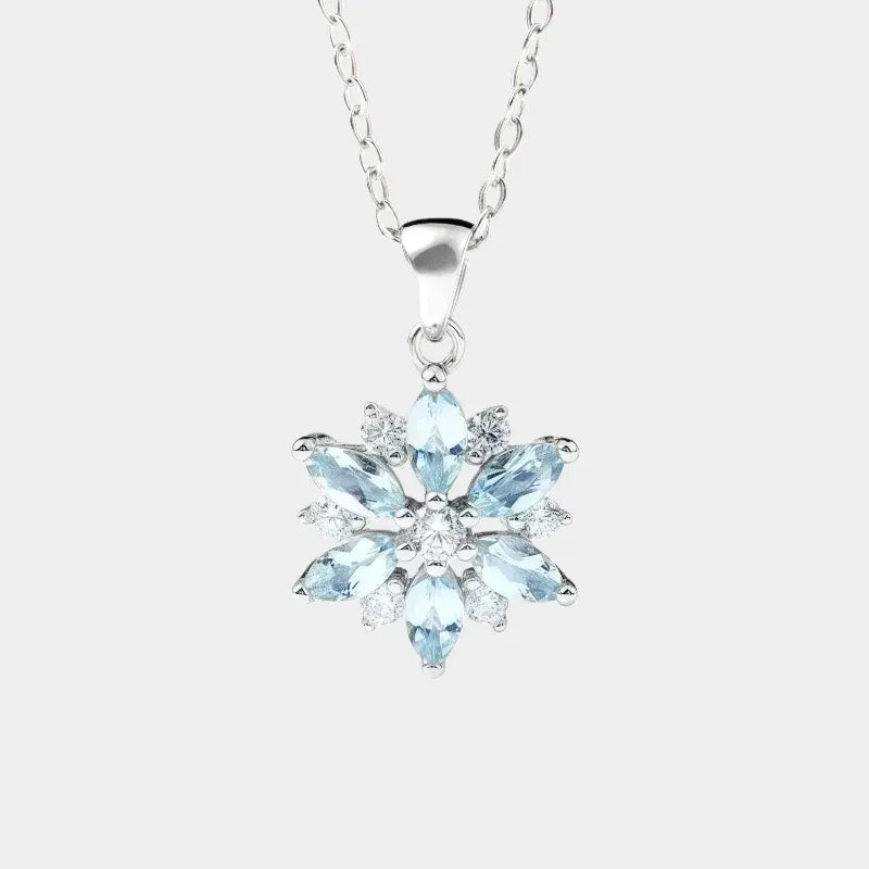Aquamarine Snowflake Pendant Necklace full necklace view on a white background