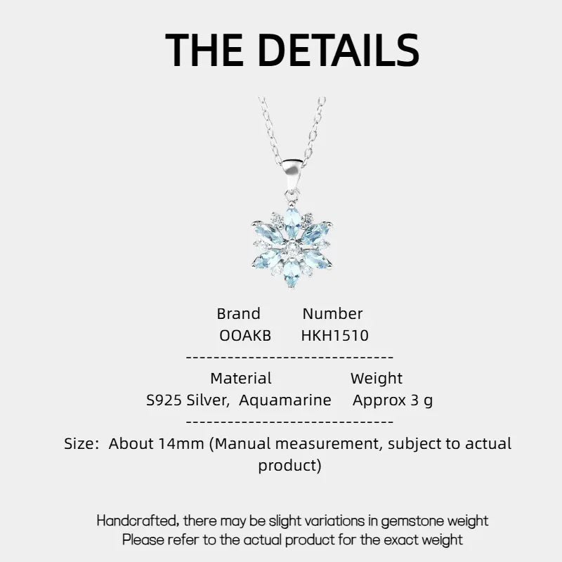 Aquamarine Snowflake Pendant Necklace specification card with product measurements