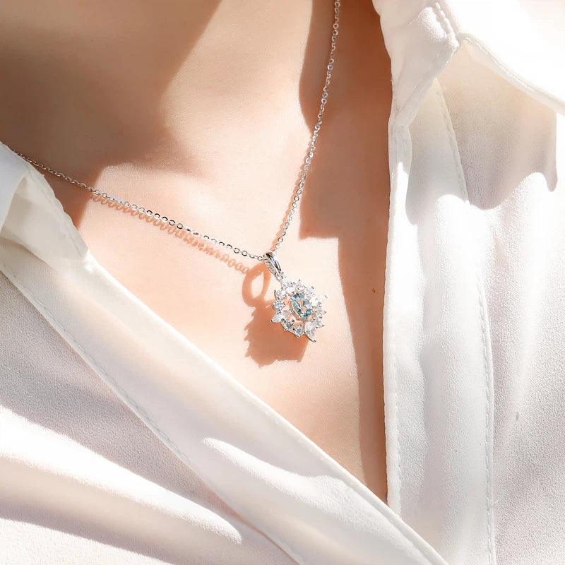Aquamarine Snowflake Pendant Necklace styled neckline view showing pendant scale