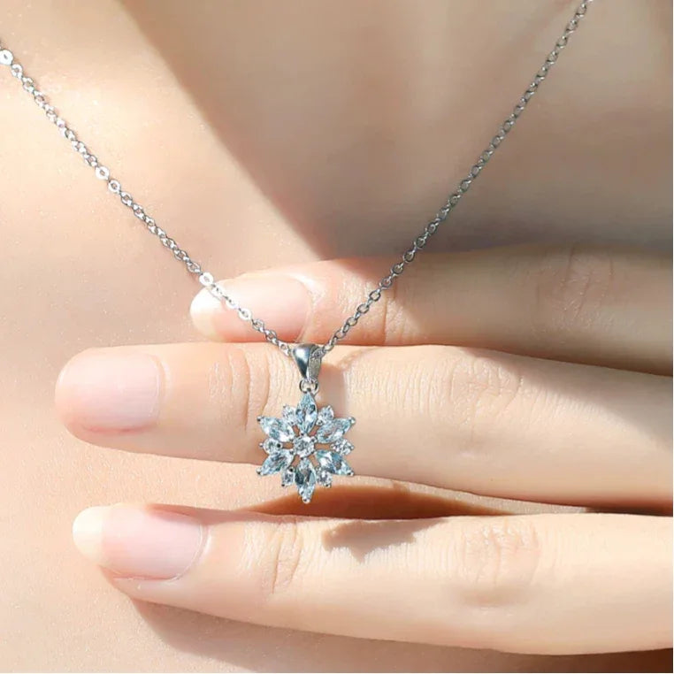Aquamarine Snowflake Pendant Necklace worn at the neckline from a second angle