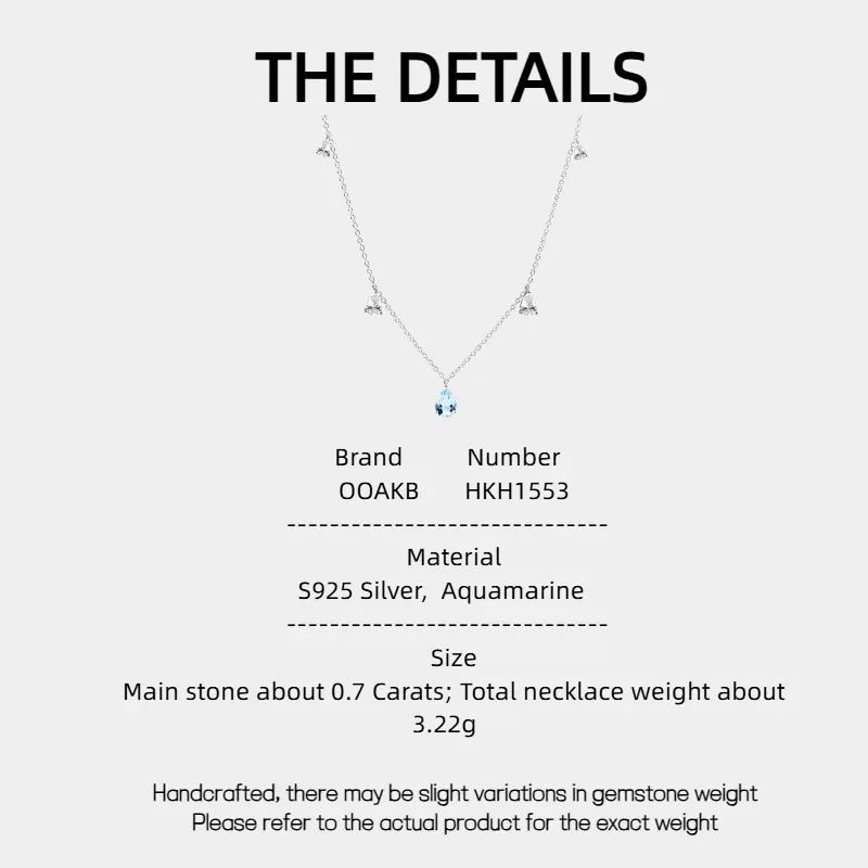Aquamarine Station Drop Necklace specification card with product measurements