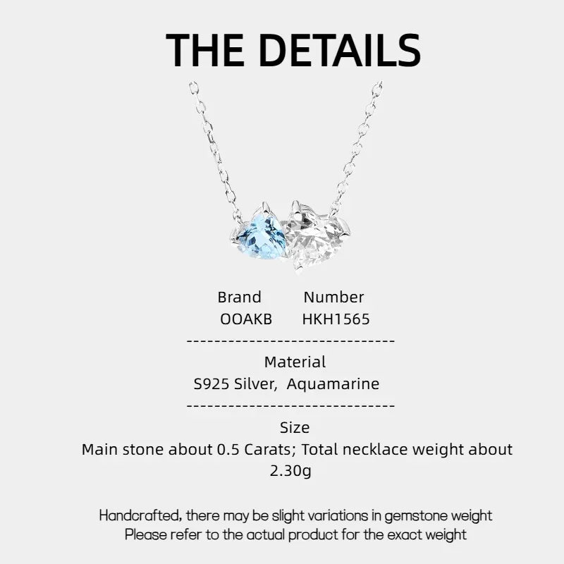 Aquamarine Two-Heart Pendant Necklace specification card with product measurements