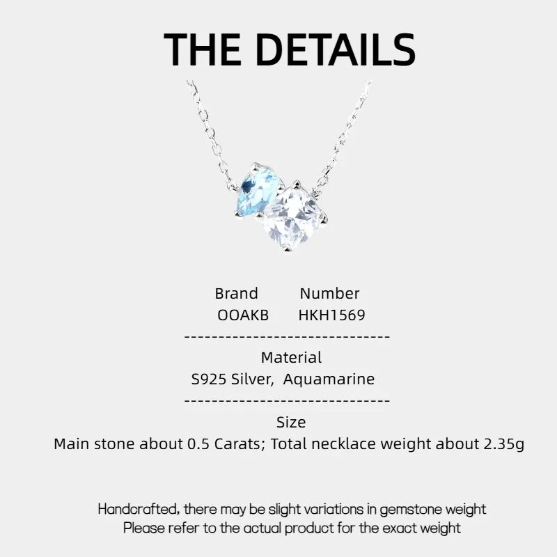 Aquamarine Two-Stone Pendant Necklace specification card with product measurements