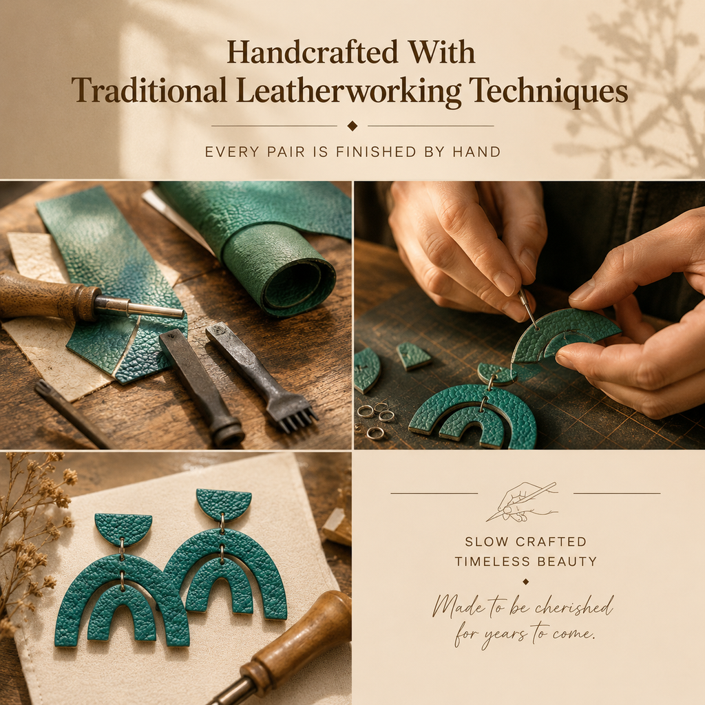 Artisan Leather Statement Earrings, lifestyle view