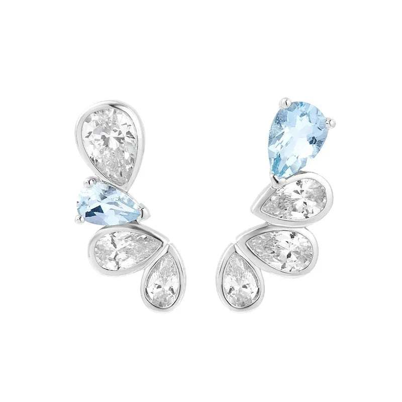 Asymmetric Aquamarine Leaf Drop Earrings angled pair on a white background