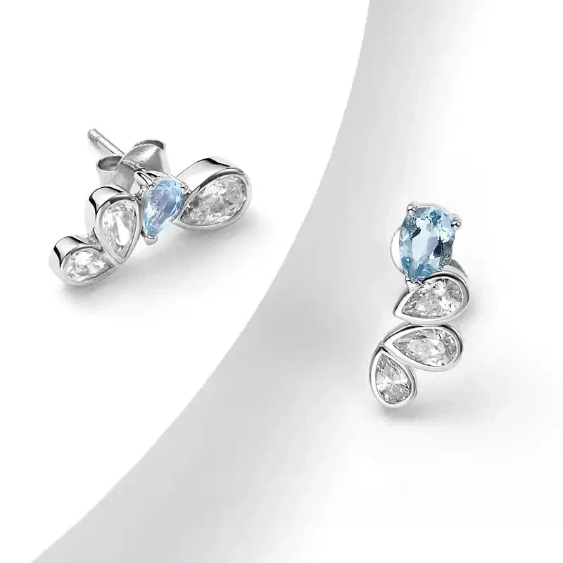 Asymmetric Aquamarine Leaf Drop Earrings rear view showing earring backs