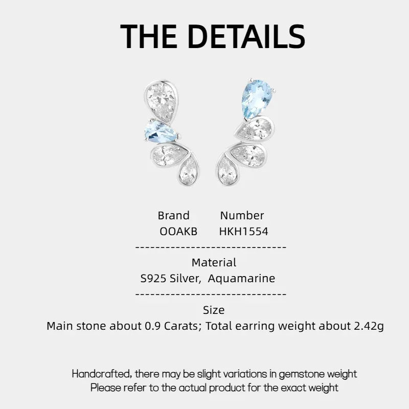 Asymmetric Aquamarine Leaf Drop Earrings specification card with product measurements