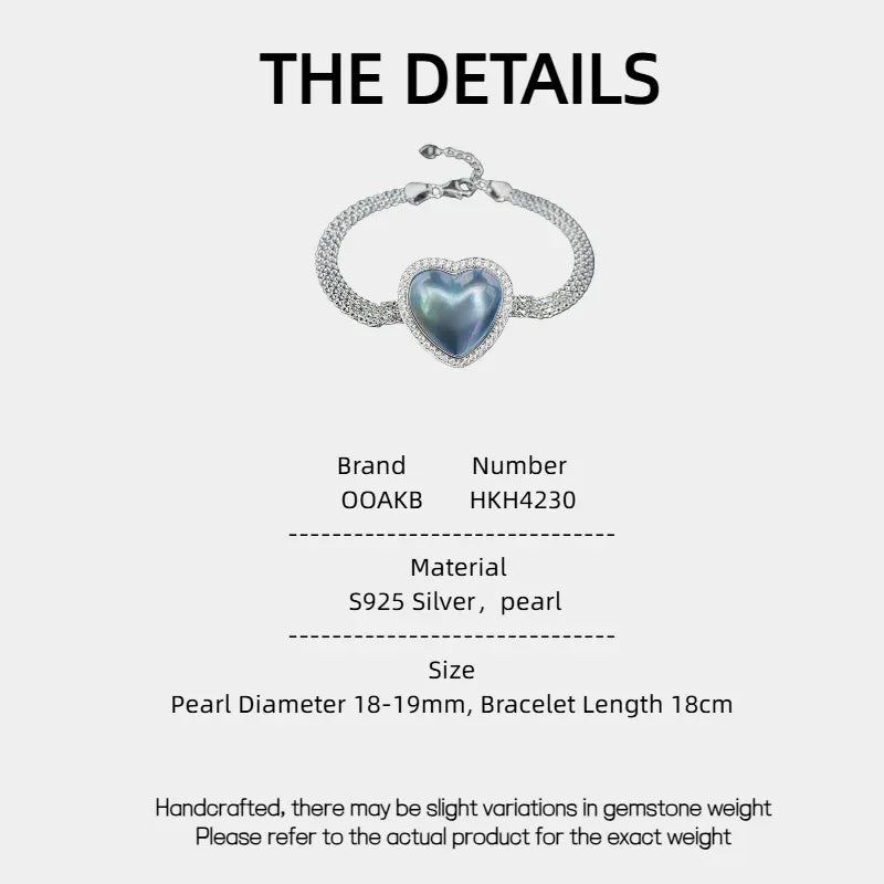 Blue Iridescent Pearl Heart Halo Bracelet — specification card with material and size details