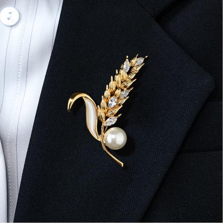 Shell Pearl Golden Wheat Brooch — alternate close blazer-worn view