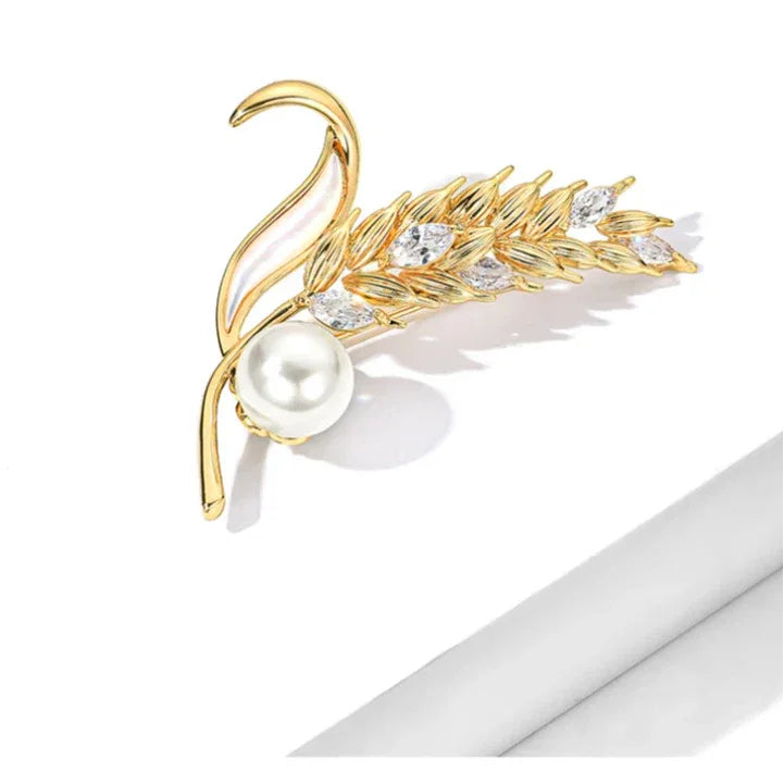 Shell Pearl Golden Wheat Brooch — rear-angled product view showing the pin fitting